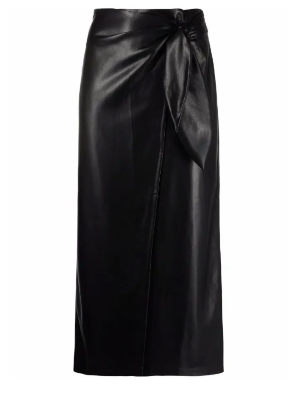 Nanushka Black Asymmetrical Faux Leather Wrap Skirt with Knot Accent